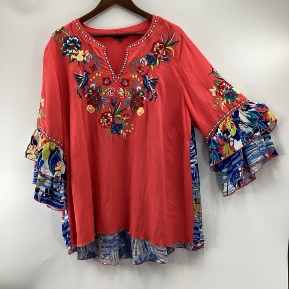 John MarkWoven Tropical Floral Print Embroidered Split Neck 3/4 Sleeve Tunic - Picture 2 of 5